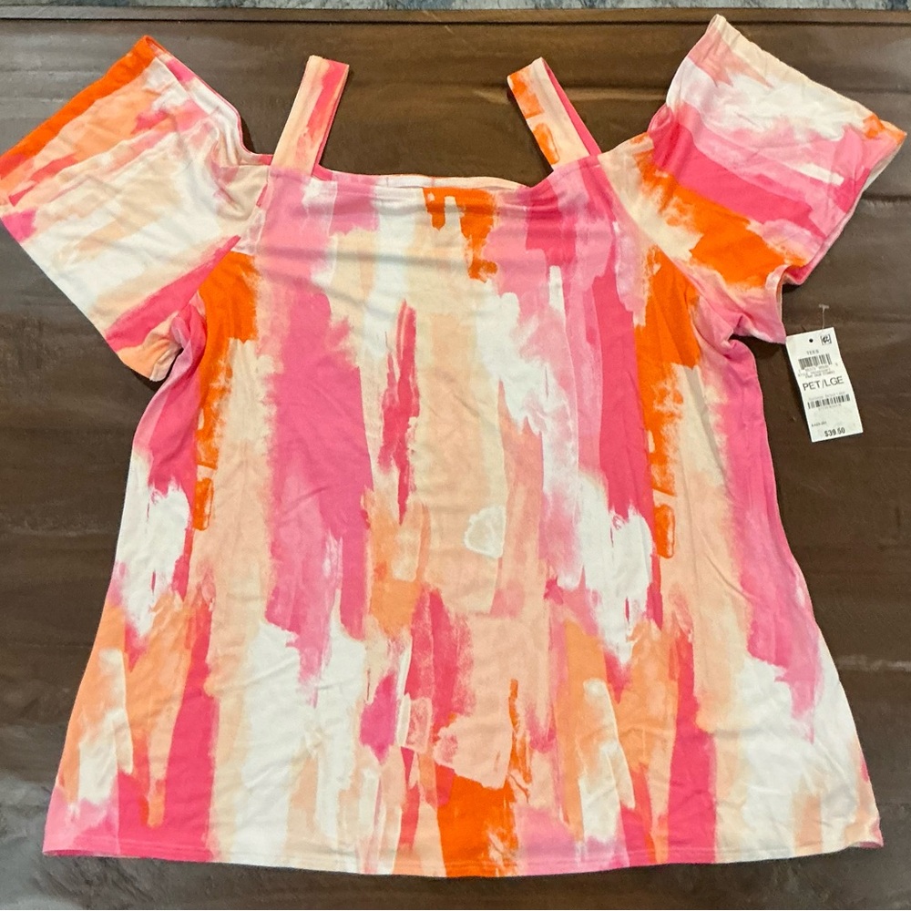 JM Collection Pink & Orange Abstract Cold Shoulder Blouse Size Petite/Large NWT